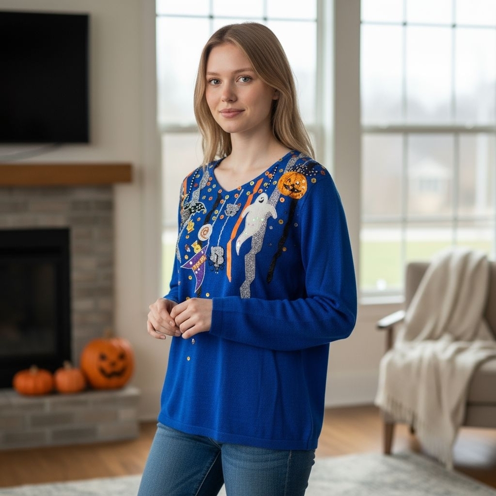 Jack B. Quick Blue Orange Sequin Halloween Themed Cardigan‎ Sweater Size Small